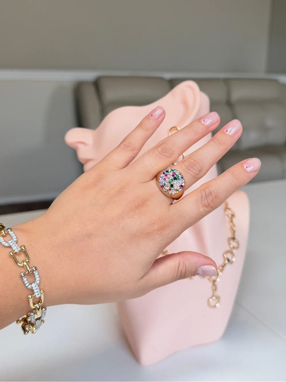 Gold-Tone Multicolor Crystal Dome Ring